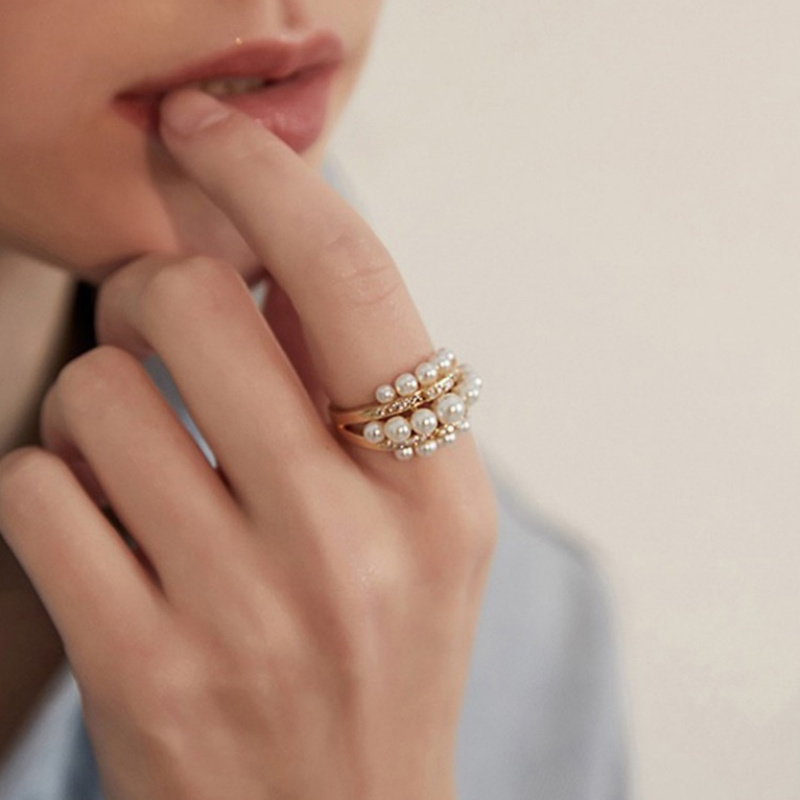 Faux Pearl Ring Zircon Adjustable Open Ring Party Jewelry Christmas Gift